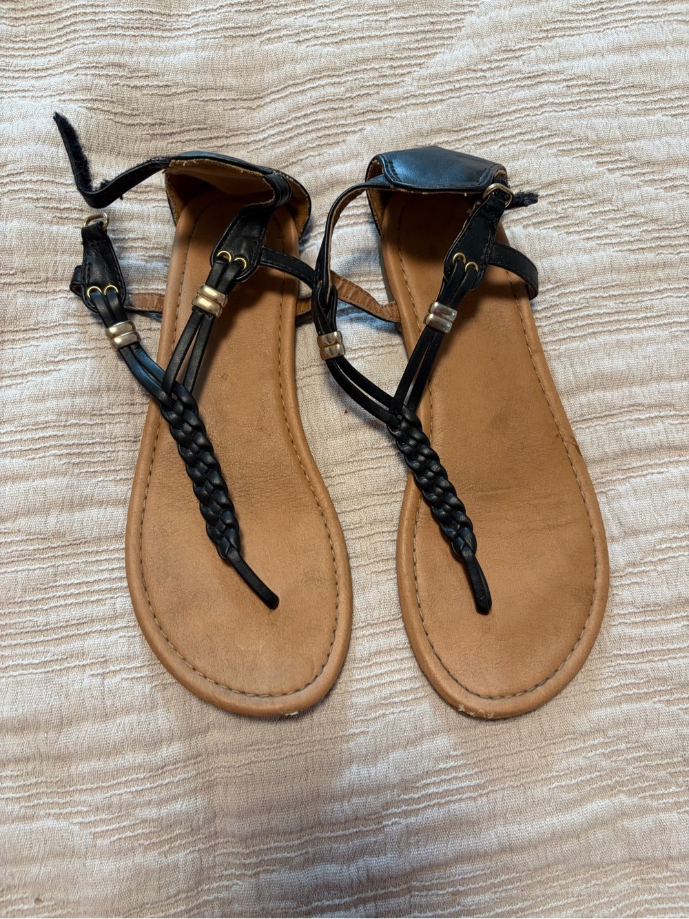 American Eagle Outfitters Black Braided T-Strap Sandals with Gold Accents